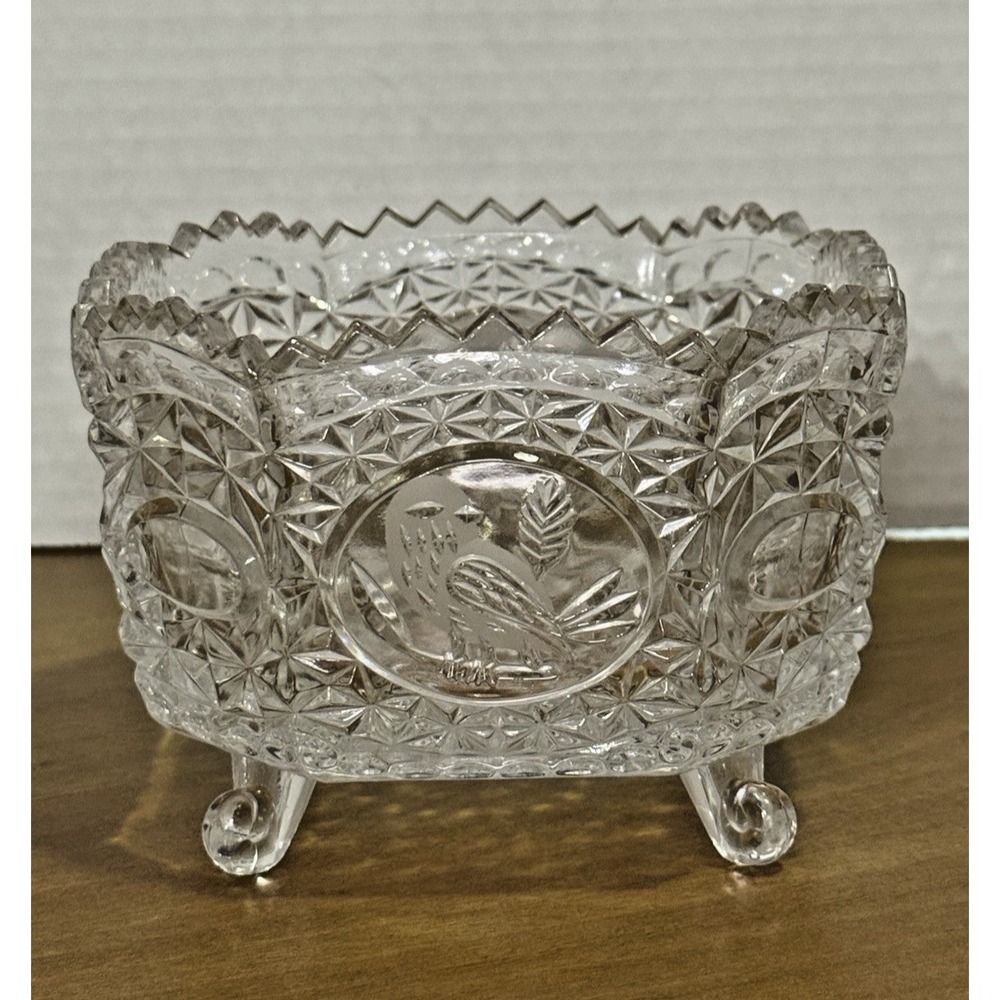 Hofbauer Byrdes Collection Lead Etched Crystal Footed Square Bowl Candy Dish 5"